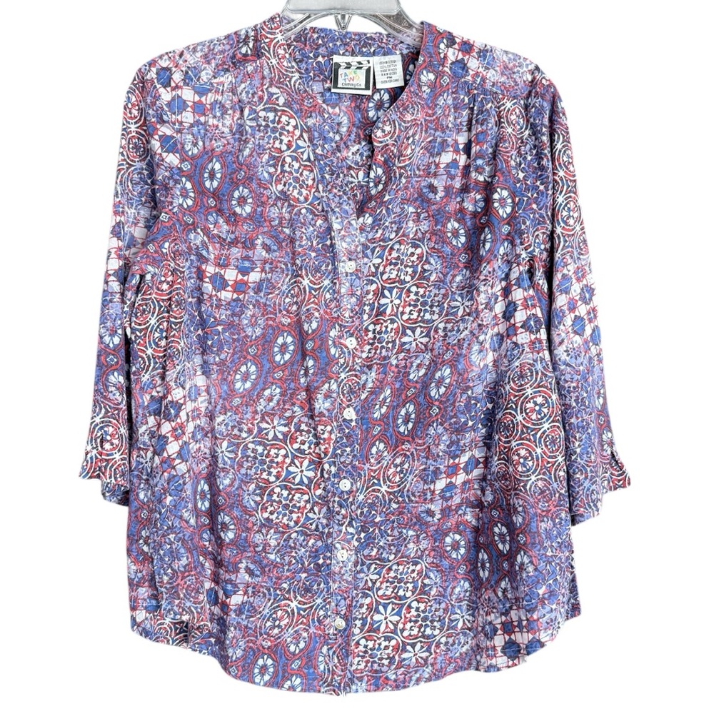 Take Two Boho Print Cotton Blouse 3/4 Sleeve V-Neck Red Blue Petite M